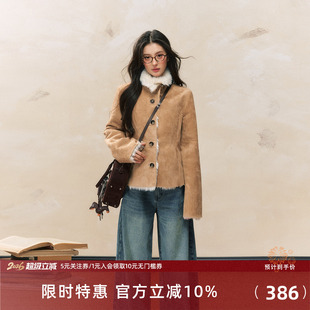 7Shiftin原创设计秋冬新款修身毛绒外衣卡其色保暖皮毛一体外套女