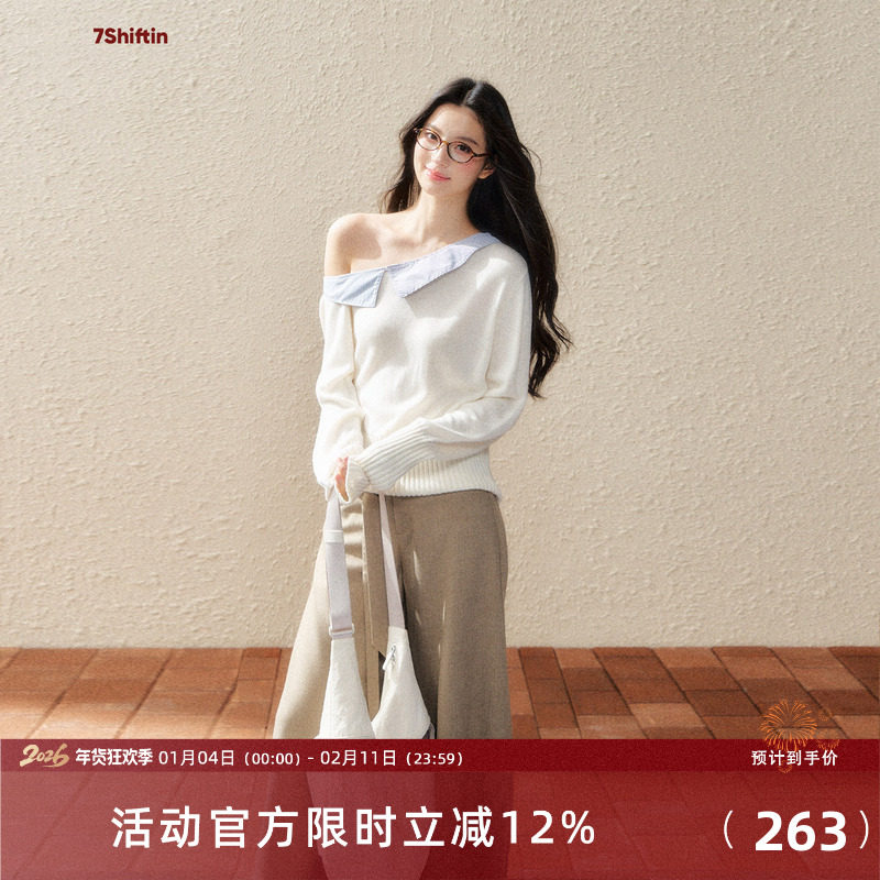7Shiftin 原创设计新款白色斜肩长袖针织衫拼接套头毛衣气质上衣,女装/女士精品,毛针织衫,淘宝优惠券,粉丝福利购,淘宝优惠卷