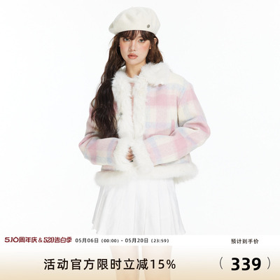 粉色格子学院风毛呢外套