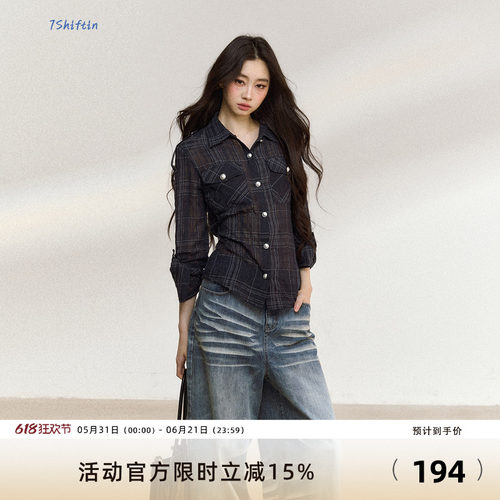 7Shiftin 原创新款通勤穿搭不规则小众设计感格纹长袖衬衫上衣女