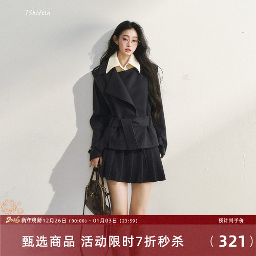 7Shiftin 原创设计学院风穿搭假两件夹棉西装棉服短裙子两件套女