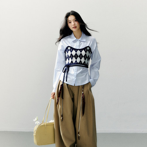 7Shiftin 原创设计春款时尚套装方格菱形抹胸长袖衬衫打底两件套