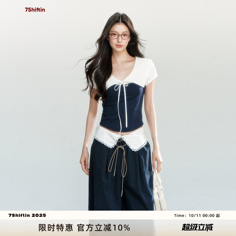 7Shiftin 原创设计夏季新款宽松休闲百搭薄款T恤藏蓝拼接外穿上衣
