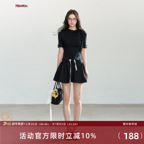 7Shiftin原创设计蝴蝶结藏蓝色翻领上衣套装夏季新款抽绳修身短裙