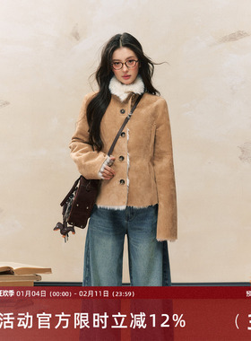 7Shiftin原创设计秋冬新款修身毛绒外衣卡其色保暖皮毛一体外套女