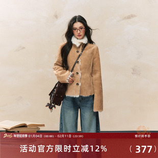 7Shiftin原创设计秋冬新款修身毛绒外衣卡其色保暖皮毛一体外套女