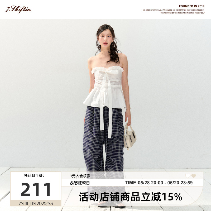 7Shiftin原创设计春夏新款慵懒休闲蓝色直筒格纹裤宽松垂感阔腿裤