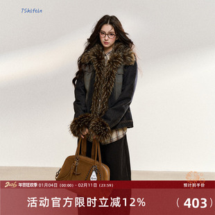 7Shiftin 原创设计美式复古高级感毛领拼接牛仔外套秋冬新款上衣