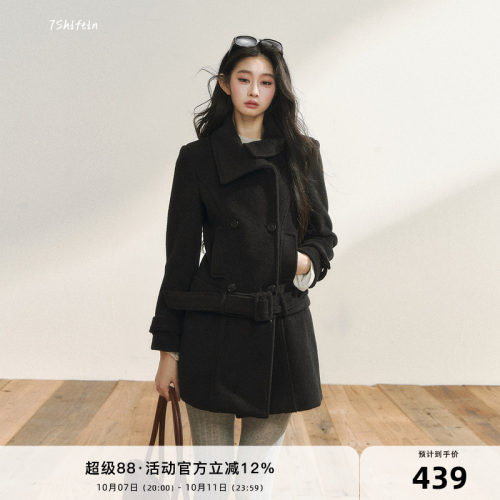 7Shiftin 原创黑色毛呢外套秋冬款双排扣高级可拆卸下摆呢子大衣