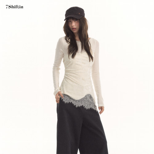 7Shiftin 原创设计一体式假两件轻薄针织打底长袖抽褶蕾丝吊带女