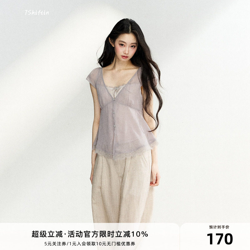 7Shiftin原创设计收腰V领假两件上衣简约蕾丝花边短袖甜美修身T恤