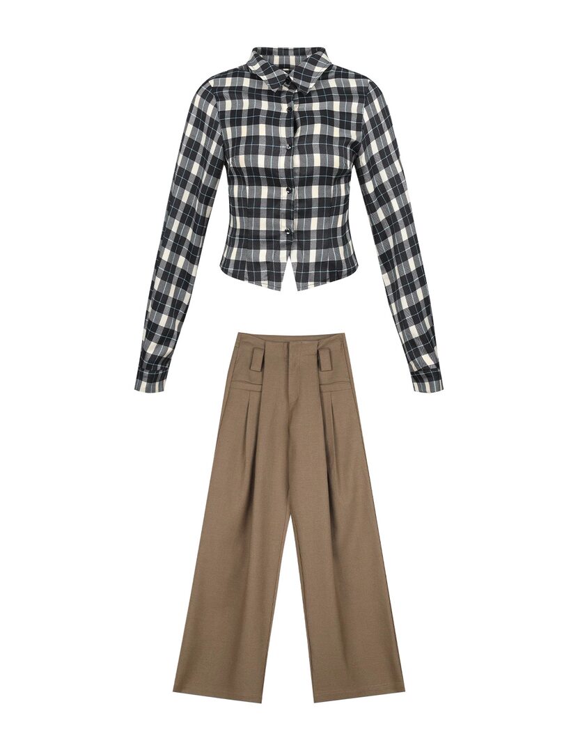 Plaid long-sleeve shirt with wide-leg brown trousers laid flat