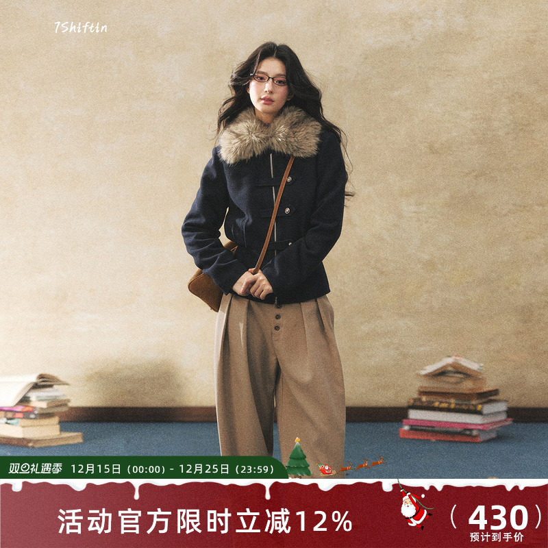 7Shiftin 原创设计冬季新款藏蓝色拼接毛领外套保暖收腰显瘦上衣