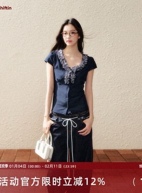 7Shiftin 原创设计藏蓝色蕾丝花边短袖衬衫针织T恤收腰显瘦上衣女