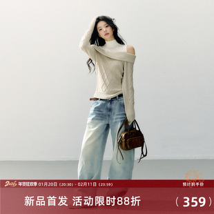 7Shiftin 原创设计慵懒风一字肩双色套头假两件挂脖氛围感毛衣女