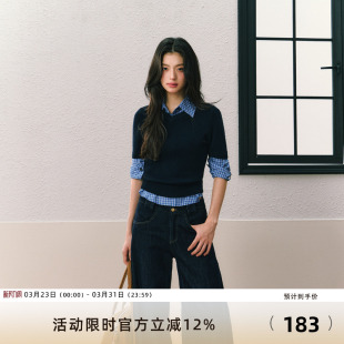 毛衣蓝色搭配格纹衬衫 7Shiftin原创设计夏季 修身 圆领长袖 女 新款