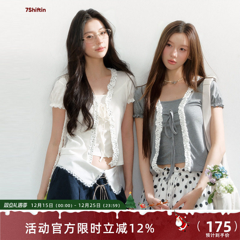 7Shiftin 原创设计双色甜美假两件上衣泡泡袖修身蕾丝绑带短袖T恤