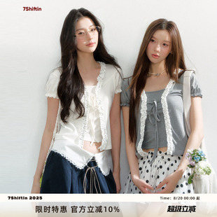 T恤 7Shiftin 原创设计双色甜美假两件上衣泡泡袖 修身 蕾丝绑带短袖