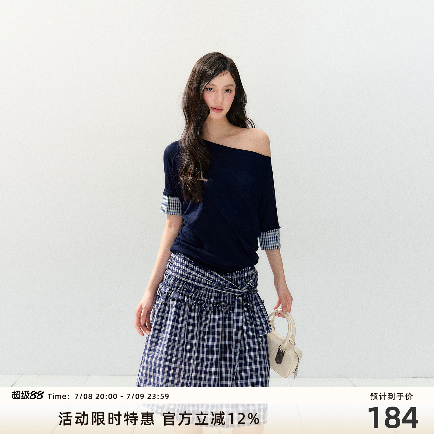 7Shiftin 原创设计新款韩系拼接双色斜肩短袖T恤设计感收腰上衣女