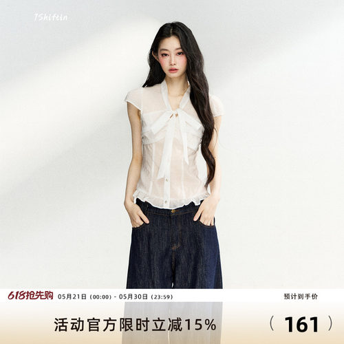 7Shiftin 原创设计法式立领衬衫蝴蝶结通透修身上衣日常百搭短袖