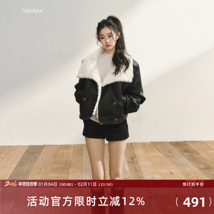 7Shiftin 原创设计黑色短款皮毛一体外套女秋冬款保暖翻领派克服