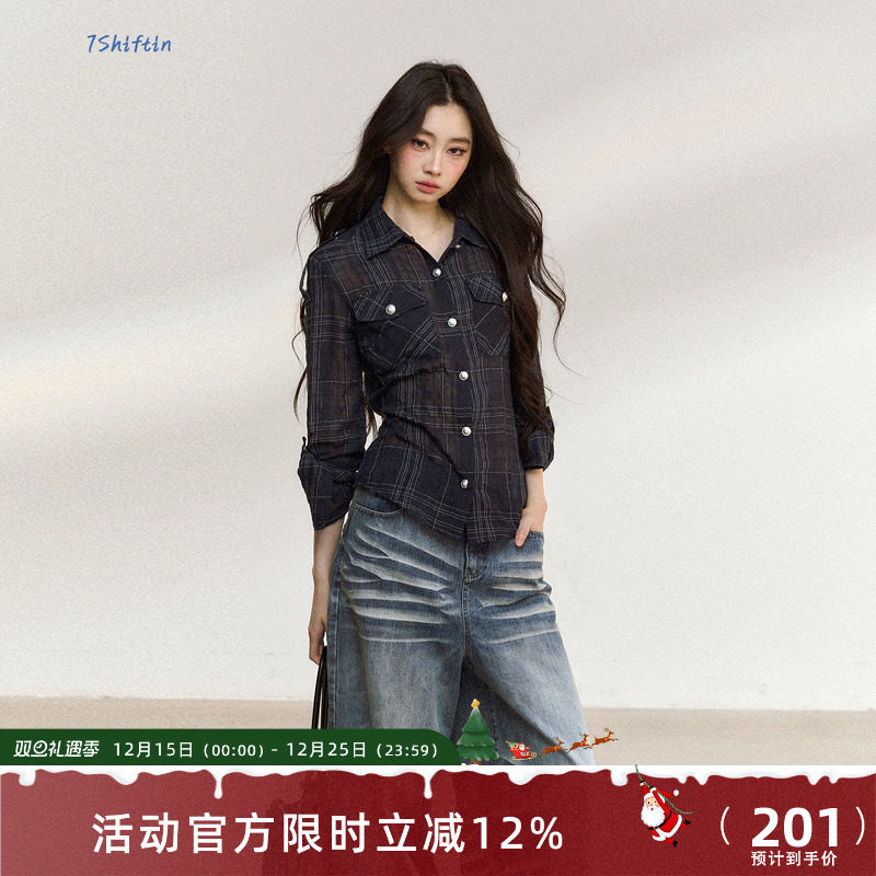 7Shiftin 原创新款通勤穿搭不规则小众设计感格纹长袖衬衫上衣女