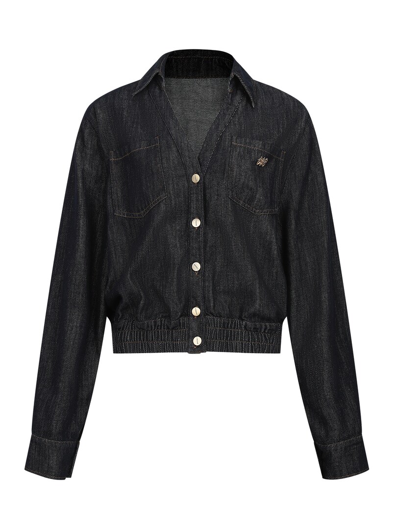 Black denim button-up jacket laid flat on a white background