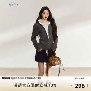 7Shiftin 新款 美式 灰色毛衣女慵懒高级感假两件上衣 原创设计秋季