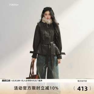 口毛呢皮大衣时尚 复古收腰毛领外套 原创设计深棕色收袖 7Shiftin