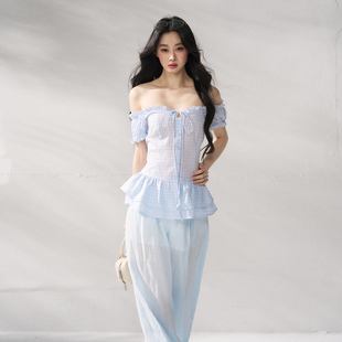 系带时尚 两件套 原创设计格纹露肩上衣高腰透气休闲长裤 7Shiftin