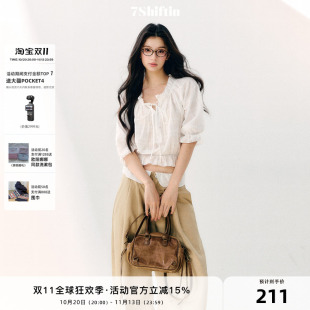 7Shiftin原创设计纯欲风轻薄雪纺衫波浪褶皱显瘦上衣纯棉休闲短袖