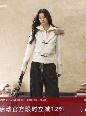 7Shiftin 原创设计双色假两件收腰毛呢外套冬季毛领拼接气质大衣