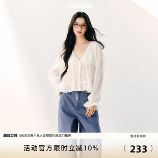 7Shiftin 原创设计绑带V领雪纺衫双层荷叶边显瘦长袖纯欲宽松上衣