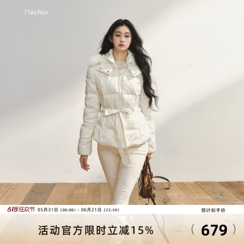 7Shiftin原创设计新款双色羽绒服可拆卸毛领收腰连帽保暖鹅绒外套