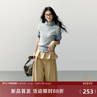 7Shiftin 原创设计双色短款套头半袖毛衣女春款气质通勤简约上衣