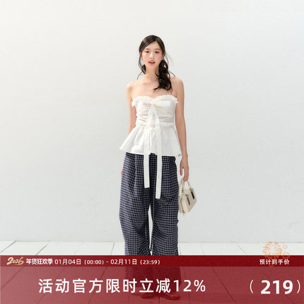 7Shiftin原创设计春夏新款慵懒休闲蓝色直筒格纹裤宽松垂感阔腿裤