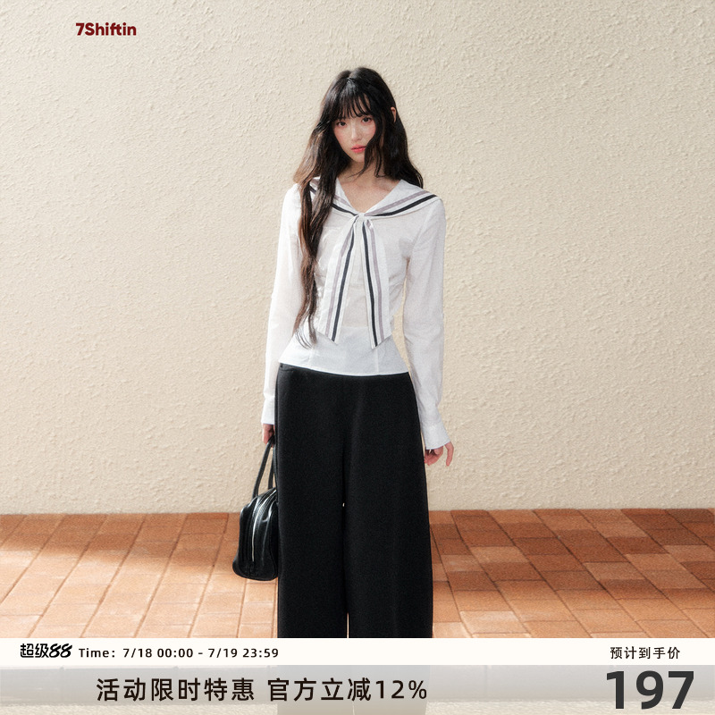 7Shiftin 原创设计双色修身显瘦海军领长袖短款收腰T恤正肩上衣女