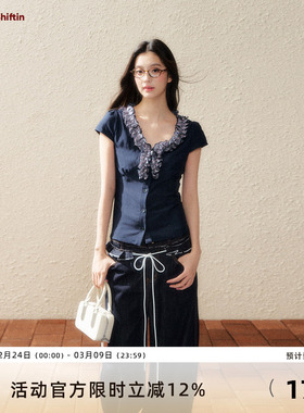 7Shiftin 原创设计藏蓝色蕾丝花边短袖衬衫针织T恤收腰显瘦上衣女