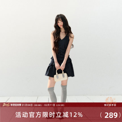 7Shiftin 原创设计春夏新款辣妹收腰无袖格纹连衣裙藏蓝百褶裙女