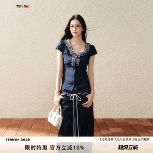 7Shiftin 针织T恤收腰显瘦上衣女 原创设计藏蓝色蕾丝花边短袖 衬衫