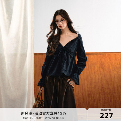 7Shiftin 原创设计法式田园风长袖V领蕾丝喇叭袖上衣抽绳系带衬衫