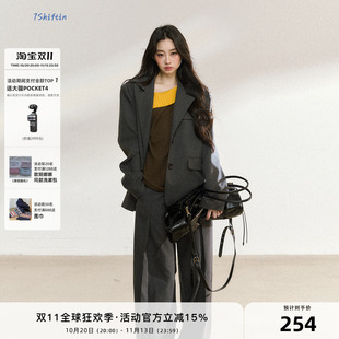 7Shiftin 原创设计深灰色中长款西装外套新款气质通勤夹克上衣女