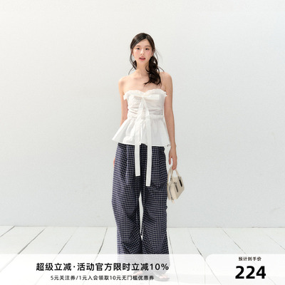 7Shiftin原创设计春夏新款慵懒休闲蓝色直筒格纹裤宽松垂感阔腿裤