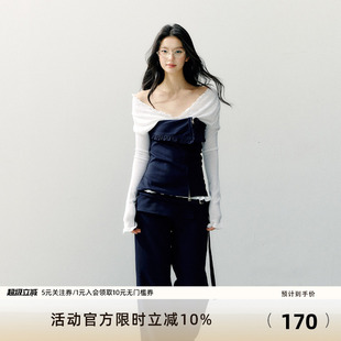 7Shiftin 收腰T恤 原创设计可拆卸抹胸藏蓝拼接斜肩上衣高级感长袖