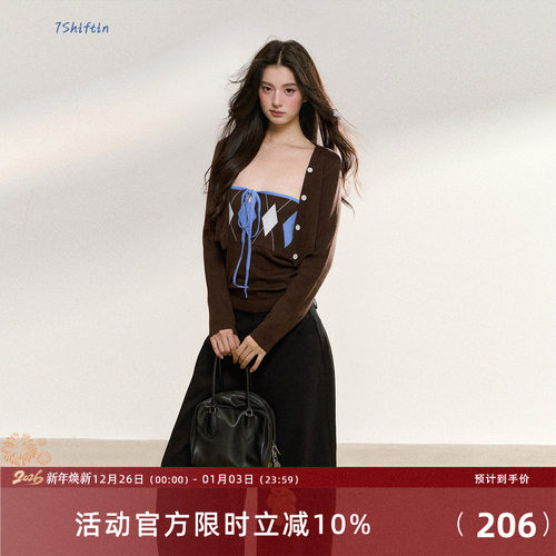 7Shiftin 原创设计背心套装双色菱形格休闲抹胸长袖开衫两件套女