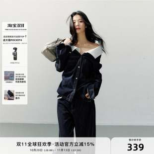 7Shiftin 原创设计新款长袖休闲一字肩短外套深蓝色牛仔衬衫上衣