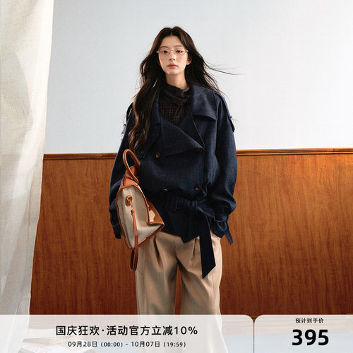 7Shiftin 原创设计复古牛仔风衣美式翻领腰带外套双排扣工装上衣