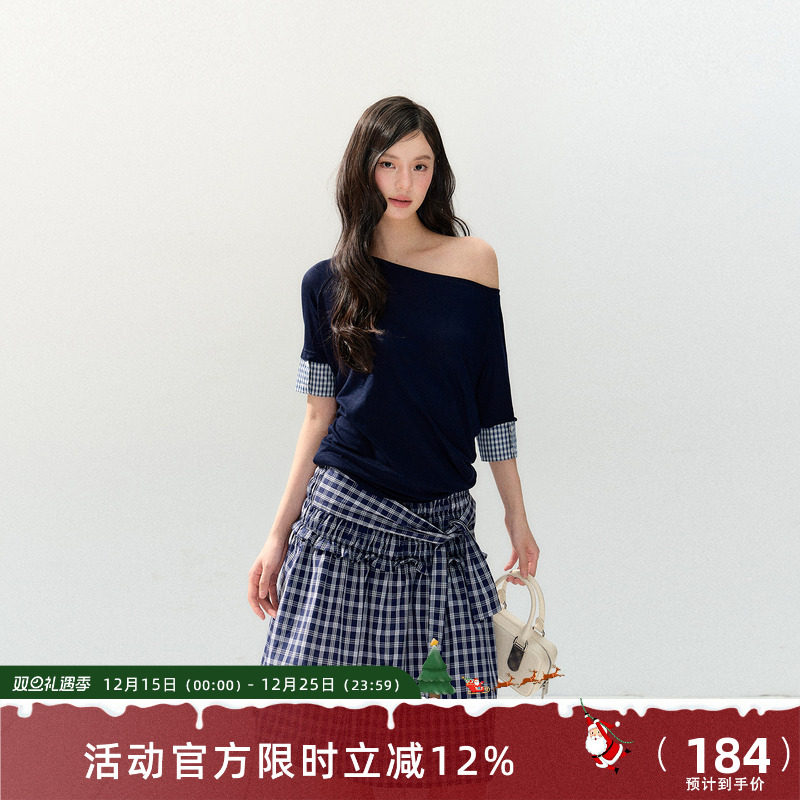 7Shiftin 原创设计新款韩系拼接双色斜肩短袖T恤设计感收腰上衣女