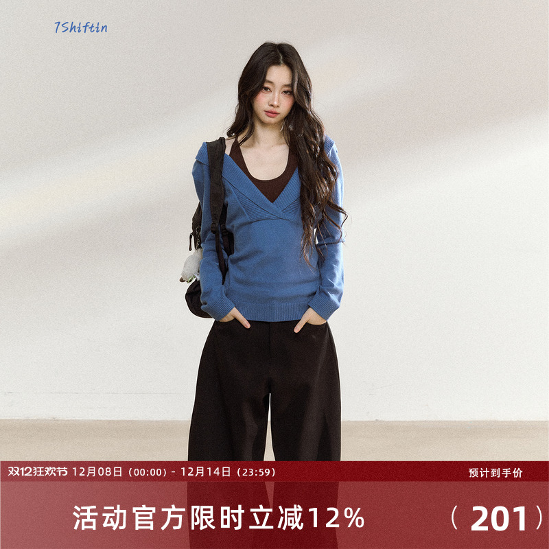 7Shiftin 原创新款设计感美式辣妹蓝色毛衣小众针织打底衫上衣女