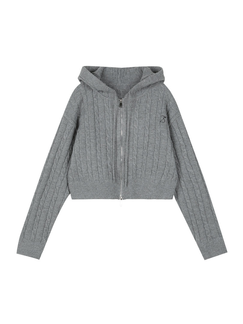 Gray cable-knit zip-up hooded sweater laid flat on a white background